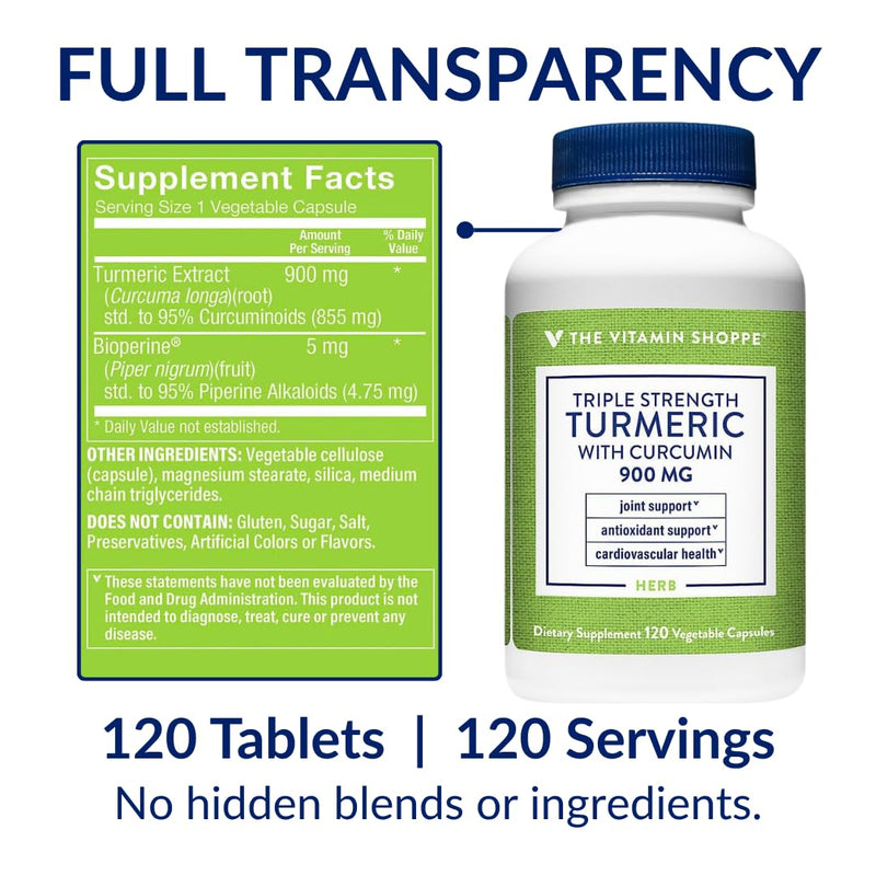 The Vitamin Shoppe Brand Triple Strength Turmeric 900 MG, 120 Capsules | Includes BioPerine (Black Pepper Extract), Joint Mobility & Antioxidant Support, Vegetarian, Gluten Free Unflavoured 120 Count (Pack of 1)