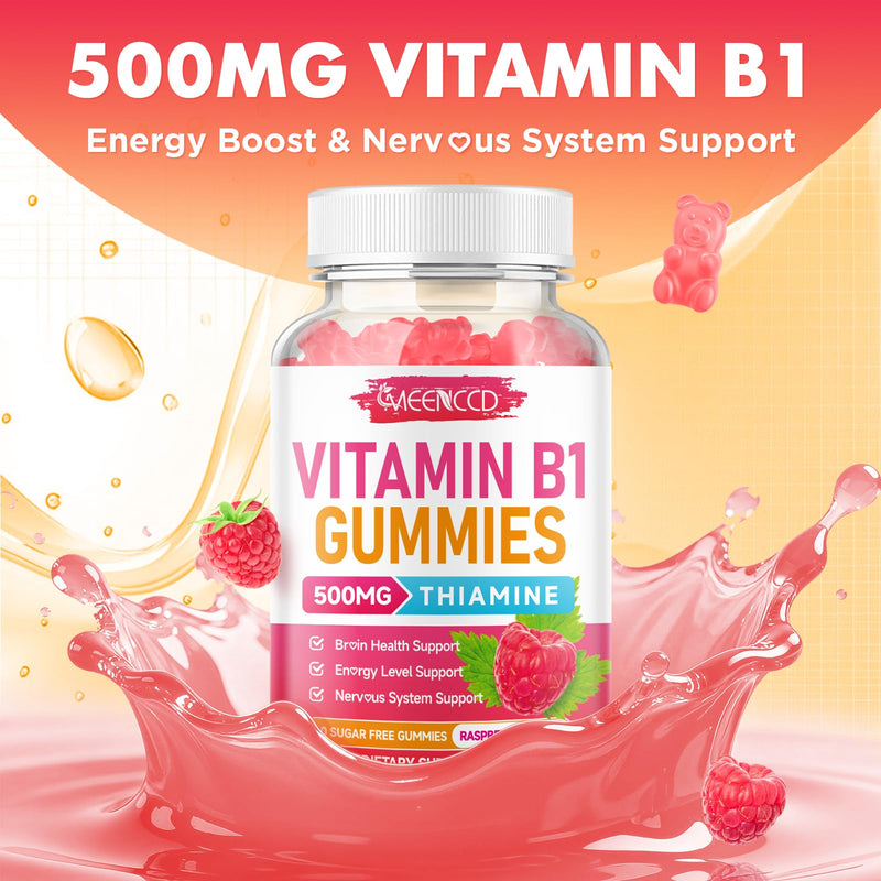 MEENCCD Vitamin B1 Gummies 500mg, Thiamine B1 Supplement Supports Energy Production, B1 Vitamin for Adults & Kids, Sugar-Free, Vegan, Raspberry Flavor, 60 Count 60 Count (Pack of 1)