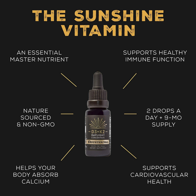 Surthrival: Vitamin D3+K2 Daylight Concentrate, AKA The Sunshine Vitamin, 0.5 oz, Approx. 270 Servings, Supports Immune, Cardiovascular & Bone Health