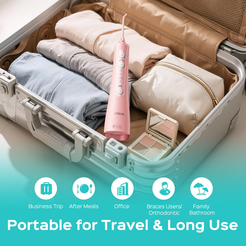 COSLUS C50 Portable Water Flosser for Teeth: 4 Modes & 5 Intensity Levels Professional Electric Dental Pick for Sensitive Gums, Braces & Orthodontic - Cordless for Travel Use, BPA-Free Pink