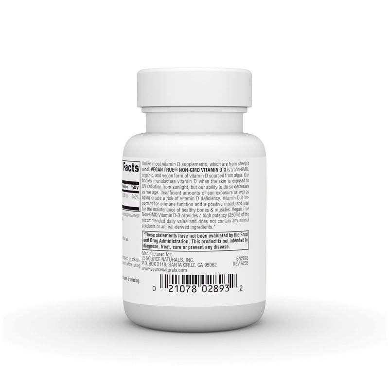 Source Naturals Vegan True, Vitamin D-3, 2,000 IU - 30 Vegan Capsules | Non-GMO | Immune and Bone Health* 30 Count (Pack of 1)