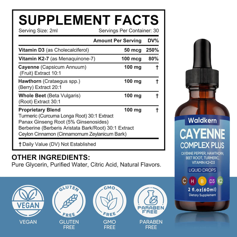 Waldkern Cayenne Complex Plus Liquid Drops – Herbal Formula with Cayenne, Hawthorn, Beet Root & Vitamin D3 K2, Supports Relaxation, Steady Energy & Daily Balance, 2 fl oz (60ml)