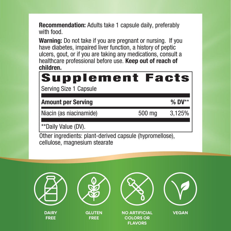 Nature's Way Niacinamide - Niacinamide Capsules with Non-Flushing Vitamin B3 - Supports Cellular Energy* - 500mg per Serving - Gluten-Free & Vegan - 100 Count (100 Servings) Unflavored 100 Count (Pack of 1)