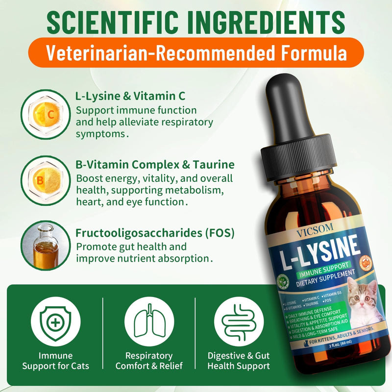 VICSOM Cat Hairball & Lysine Immune Support Bundle, Hairball Remedy + Liquid L-Lysine for Cats, Supports Digestion, Furball Control, Eye & Nose Wellness, Chicken Flavor, 2 fl oz + 60 ml