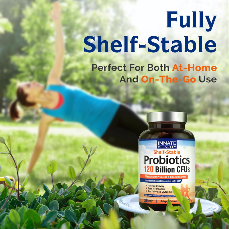 Innate Vitality Probiotics 120 Billion CFUs for Men & Women, 34 Strains with Prebiotics & Digestive Enzymes, Immune & Digestive Health, Delayed Release, Shelf Stable, 30 Vegan Capsules