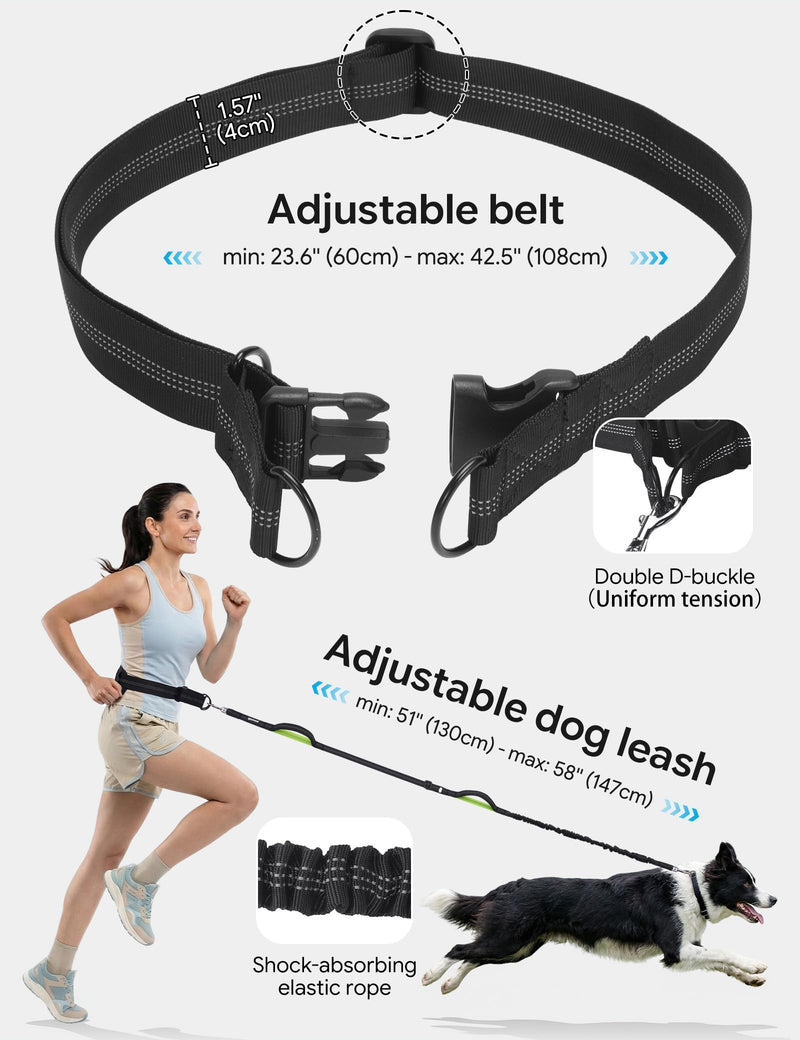 Dog Leash Hands Free, Waist Leash for Dog Walking with Pouch Removable| Shock Absorbing Bungee| Thickened Lumbar pad & Comfortable Dual Handles| Dog Running and Training,for 33-120lbs Dogs Large Black