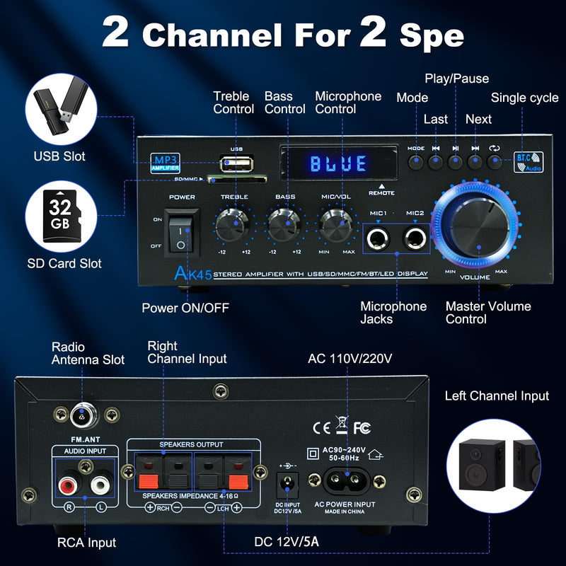 AK45 Stereo Home Audio Amplifier, 5.0 Mini Bluetooth Receiver, 300W *2 Blutooth HiFi Stereo Power Amplifier 2.0 Channel RMS 40W x 2 Home Stereo System with Remote Control Amp W/MIC,USB, RCA,FM Radio