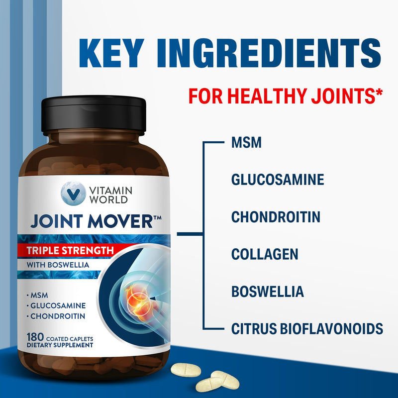 Vitamin World Triple Strength Joint Mover, Glucosamine Chondroitin with MSM | Joint Support Supplement, Collagen & Boswellia Serrata Extract, Support Joint Strength, Comfort & Flexibility, 180 Caplets 180 Count (Pack of 1)