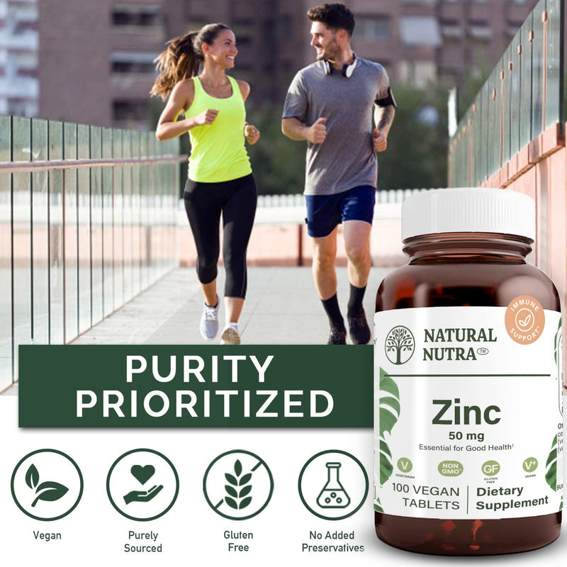 Natural Nutra Zinc Gluconate 50mg Supplement for Immune Support, Promotes Skin Health, Provides Ease From Flu & Cold, Boost Learning & Memory, Enhance Taste & Smell, Gluten Free 50mg 100 Vegan Tablets 100 Count (Pack of 1)