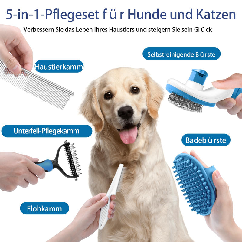 WOPQAEM 5 in 1 Dog Grooming Set - Self-Cleaning Slicker Brush for Hair Loss Short-Haired Dogs & Cats, Includes Pet Comb, Flea Comb, Bath Brush, Undercoat Rake - Complete Grooming Set - Blue - BeesActive Australia