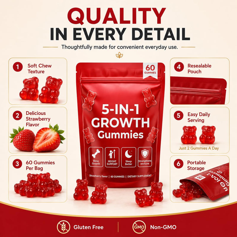 5-in-1 Growth Gummies, Supports Natural Height & Bone Development with Essential Amino Acids & D3, K2, Delicious Strawberry Flavor, 60-Count