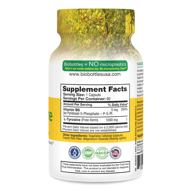 Feelgood Company L-Tyrosine with Vitamin B6 (P-5-P), 1000 mg, Mental Alertness and Cognitive Function Support, 60 Capsules, 2 Month Supply