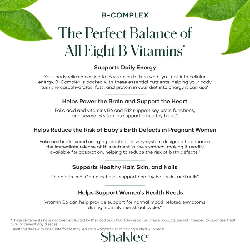 Shaklee - B-Complex - Bioactivated B Vitamins - 240 Tablets | Features Shaklee's Bioactivated Absorption System™, Includes niacin, biotin, folic acid, and vitamins B1, B2, B6, and B12