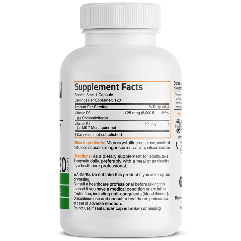 Bronson Vitamin K2 (MK7) with D3 Supplement Non-GMO Formula 5000 IU Vitamin D3 & 90 mcg Vitamin K2 MK-7 Easy to Swallow Vitamin D & K Complex, 120 Capsules. Unflavored 120 Count (Pack of 1) - BeesActive Australia