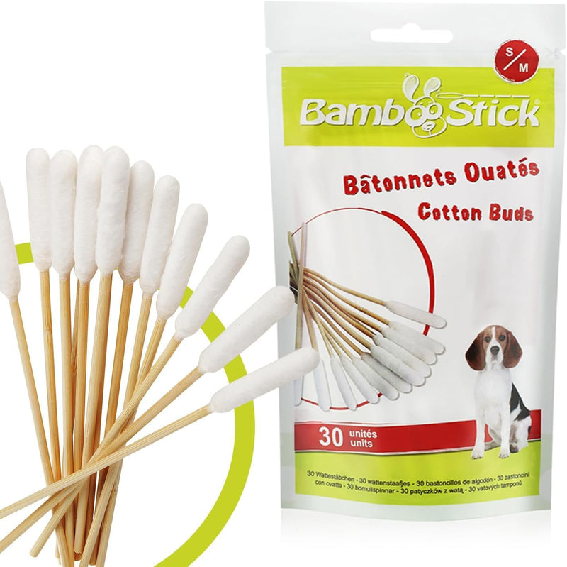 Bamboo Cotton Buds for Small Dogs and Cats (30 S/M Buds) - Safe and Easy Ear Wax Removal - Designed by French Vet 30 pack Small/Medium