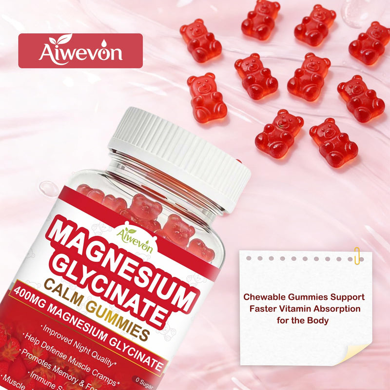 Magnesium Glycinate Gummies 400mg Sugar Free: Calm Magnesium Supplement for Women & Men, Sleep Support, Muscle & Bone Health Complex with Vitamin D3 B6 Calcium, Chewable Strawberry Gummy for Adults