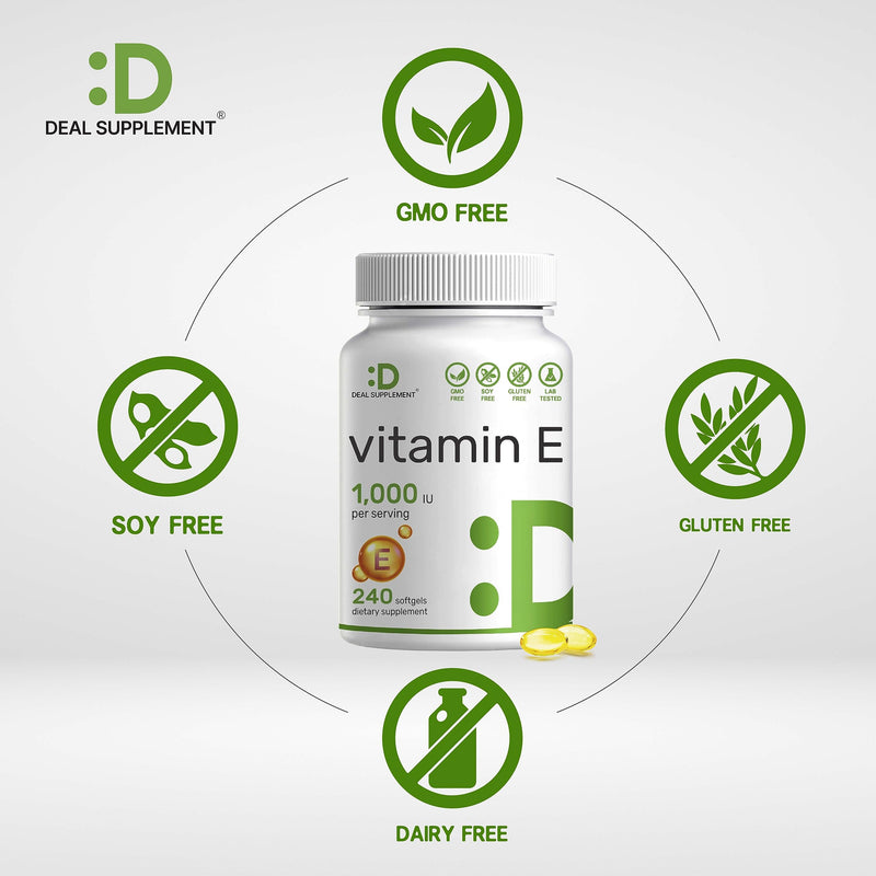 DEAL SUPPLEMENT Vitamin E Supplements, 1,000 IU Per Serving, 240 Softgels – Extra Strength Antioxidant Protection – Bioavailable Stable Form – Skin, Heart, Brain, & Immune Support – Non-GMO - BeesActive Australia