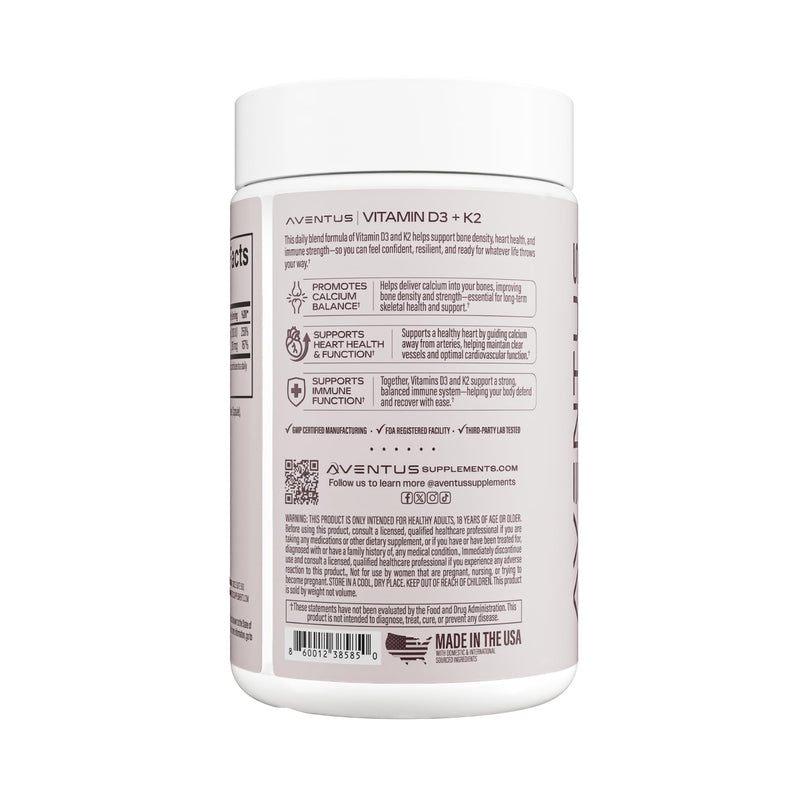 Aventus Women’s Daily Vitamin D3 + K2, 2,000 IU D3 & 100 mcg K2, 60 Vegan Capsules, Supports Bone, Heart & Immune Health