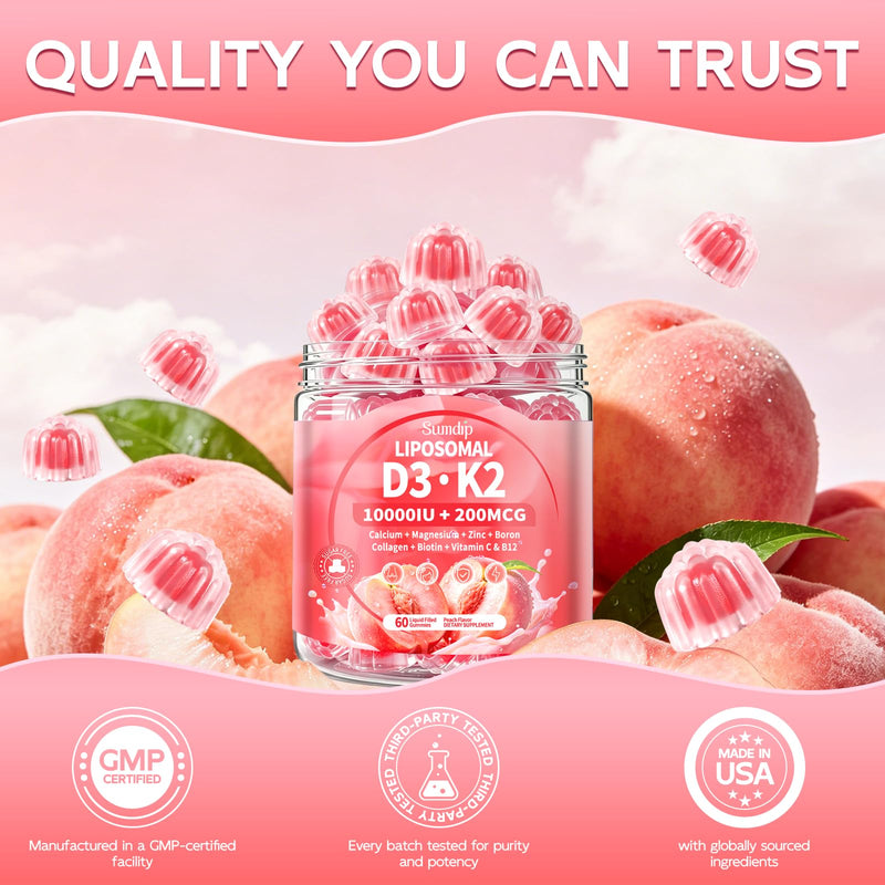 Vitamin D3 K2 Gummies, 10-in-1 Liposomal 10000 IU Vitamin D3 & K2 200 mcg | with Calcium, Magnesium, Collagen, Biotin, Zinc & B12, Bone, Skin & Immune Support, Sugar Free, Peach Flavor, 60 Count 60 Count (Pack of 1)