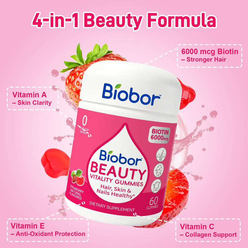 Biobor Hair Skin & Nails Gummies, 6000 mcg Biotin for Beauty Support, 60 Ct | Daily Beauty Gummies for Adult with Biotin and Vitamins A, C & E. Strawberry Flavor. No Sugar Added, Gluten free, Non-GMO. 60 Count (Pack of 1)