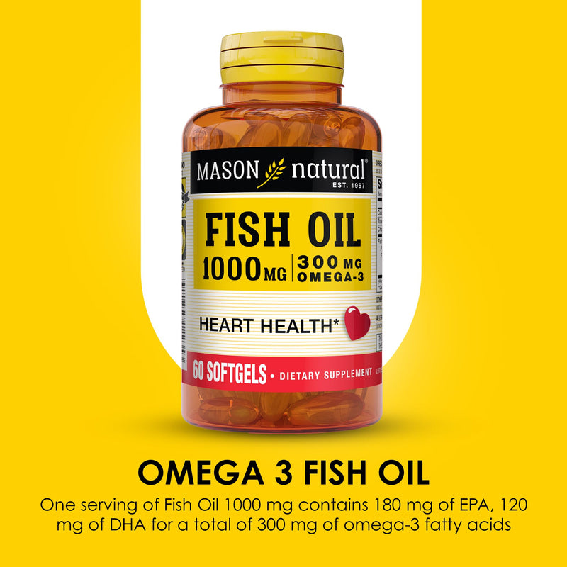 MASON NATURAL Omega-3 Fish Oil 1000mg with EPA & DHA, 180 Day Supply | 300mg omega-3 per serving with 180mg EPA & 120mg DHA to support normal cognitive & joint function; 180 softgel pills 60 Count (Pack of 3)