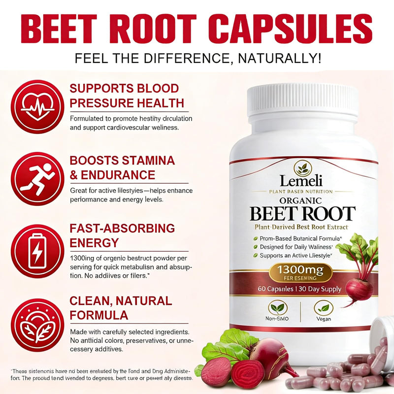 Beetroot 1300mg, Nitric Oxide Support Formula with Beet Root Extract, Vitamin C & Black Pepper, Plant-Based Daily Wellness Supplement, 60 Vegan Capsules 30 Count (Pack of 2)