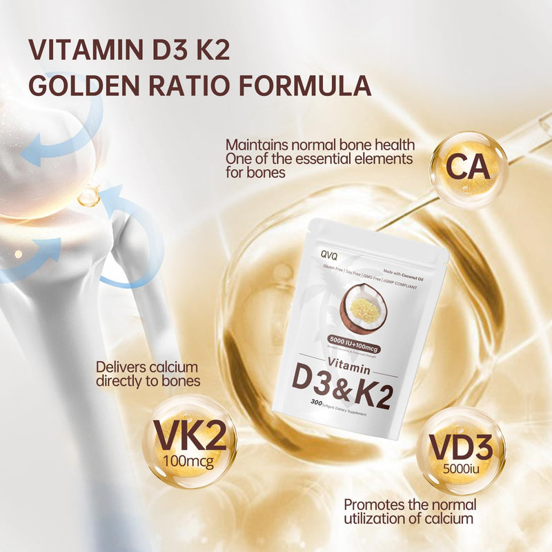 300 Pcs Vitamin D3 K2 5000 IU + 100mcg, Coconut Oil, Gluten-Free, Non-GMO, Soy Free 5000 IU Coconut Oil 300 Softgels