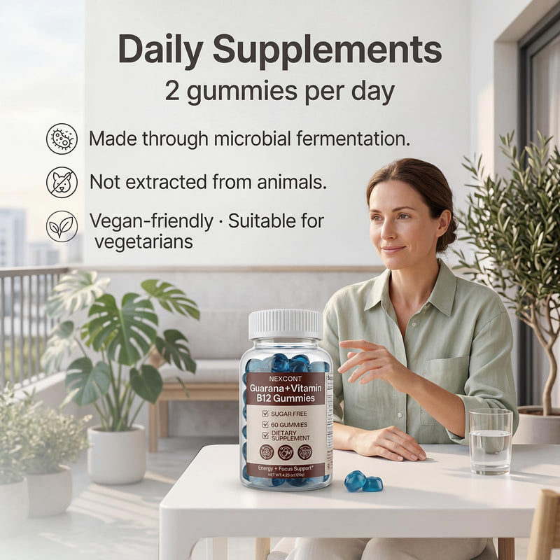 B12 Gummies Dietary Supplement B12 Gummy with Guarana Extract, Supports Energy & Focus, Sugar Free, 30 Day Supply, 60 Count.
