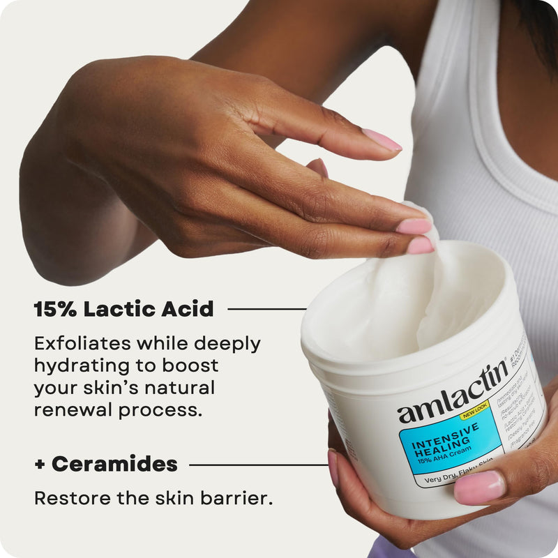 AmLactin Intensive Healing - Therapeutic Body Cream for Extremely Dry Skin - No-Scrub Exfoliator and Body Moisturizer Cream with 15% Lactic Acid AHA and Ceramides, 12 oz (Packaging May Vary) Fragrance free 12 Ounce (Pack of 1)