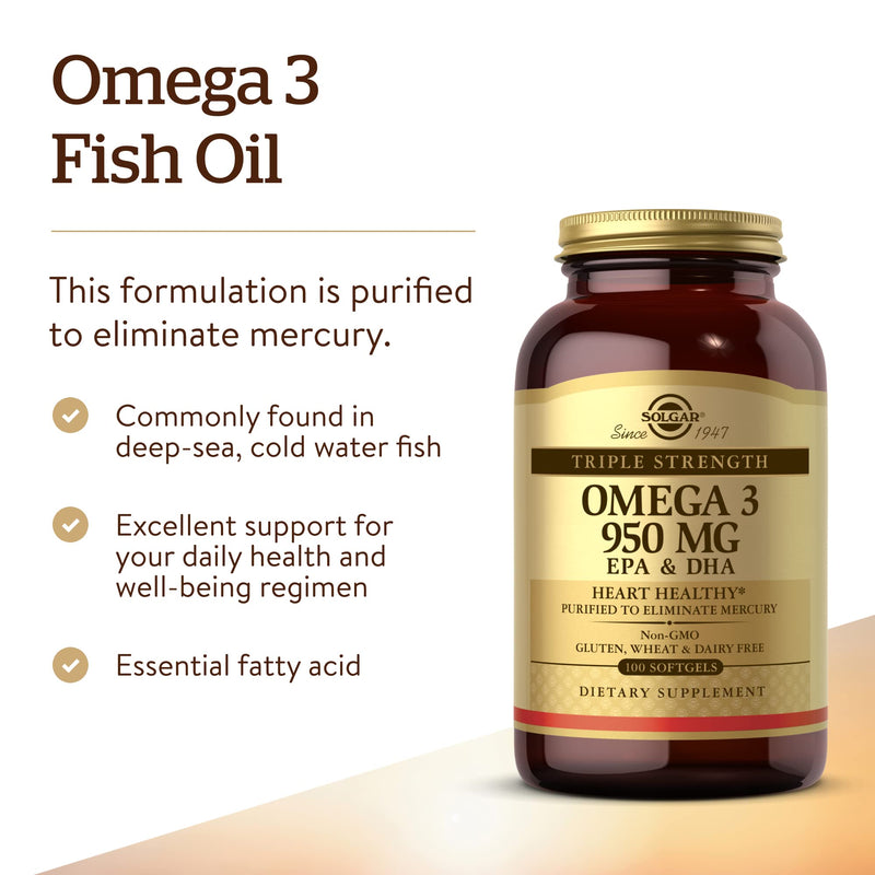 Solgar Triple Strength Omega-3 950 mg, 100 Softgels - Supports Cardiovascular, Joint & Skin Health - Heart Healthy Supplement - Essential Fatty Acids - Non GMO, Gluten Free, Dairy Free - 100 Count