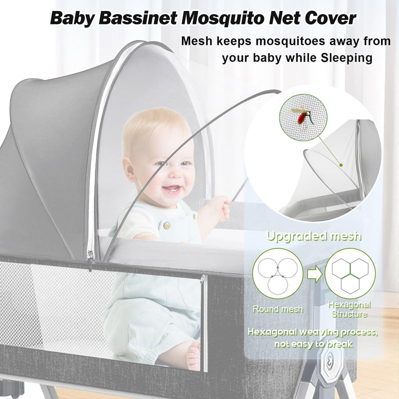 Bassinet Cover for Baby, Blockout Mosquito Net Cover with 2-Way Zipper, Portable Bassinet Canopy Cover for Cats to Keep Pet Out, Bug Net Cover for Bedside Sleeper Gray