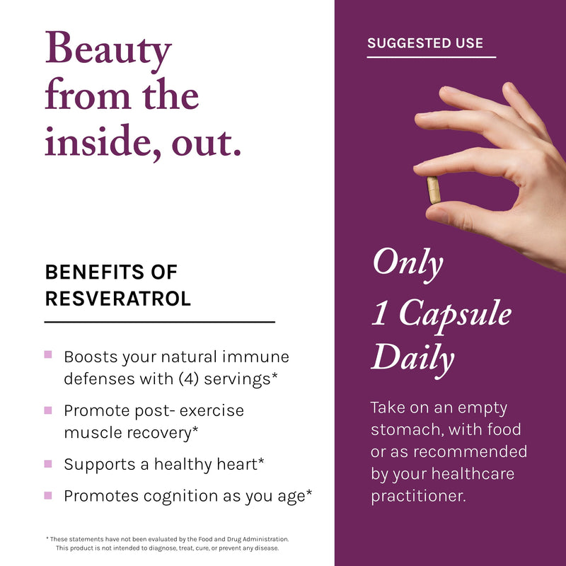 Reserveage Beauty Resveratrol 250 mg - Best Trans-Resveratrol - Vegan Antioxidant Supplement for Cellular & Heart Health - Aids Healthy Aging & Immune Health - 60 Vegetable Capsules 60 Count (Pack of 1)