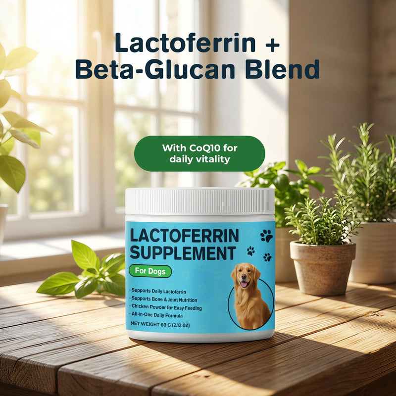 Lactoferrin Supplements for Dogs Powder, Daily Immune Nutrition with CoQ10 & Beta-Glucan, Essential Vitamins & Minerals for Whole-Body Wellness, Chicken Flavor, Easy-Mix Supplement, 2.12 oz