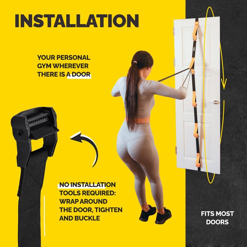 Tribe Lifting Adjustable Resistance Band Anchor - Door Anchor with 5 Loops & Metal Rings, Durable Nylon Strap for Full-Body Workouts Yellow Door Strap - BeesActive Australia