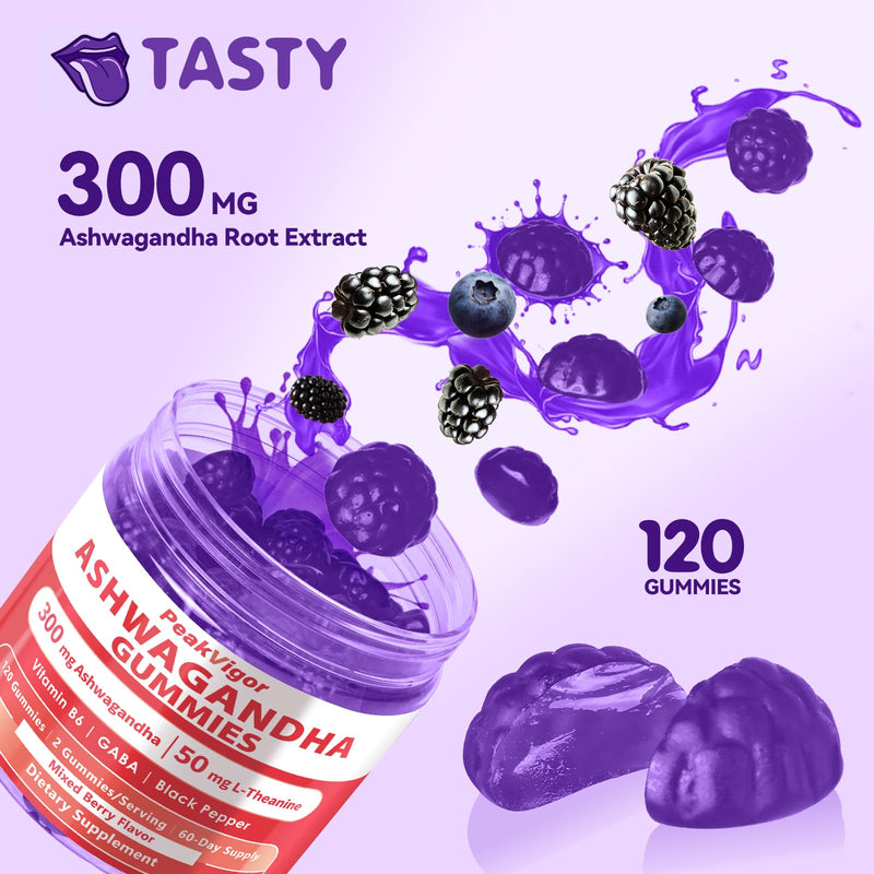 Ashwagandha Gummies 300mg + L-Theanine 50mg, GABA & Vitamin B6 – Plant-Based Mixed Berry Formula with Black Pepper – 120 Count, 60-Day Supply, Non-GMO 120 Count (Pack of 1)