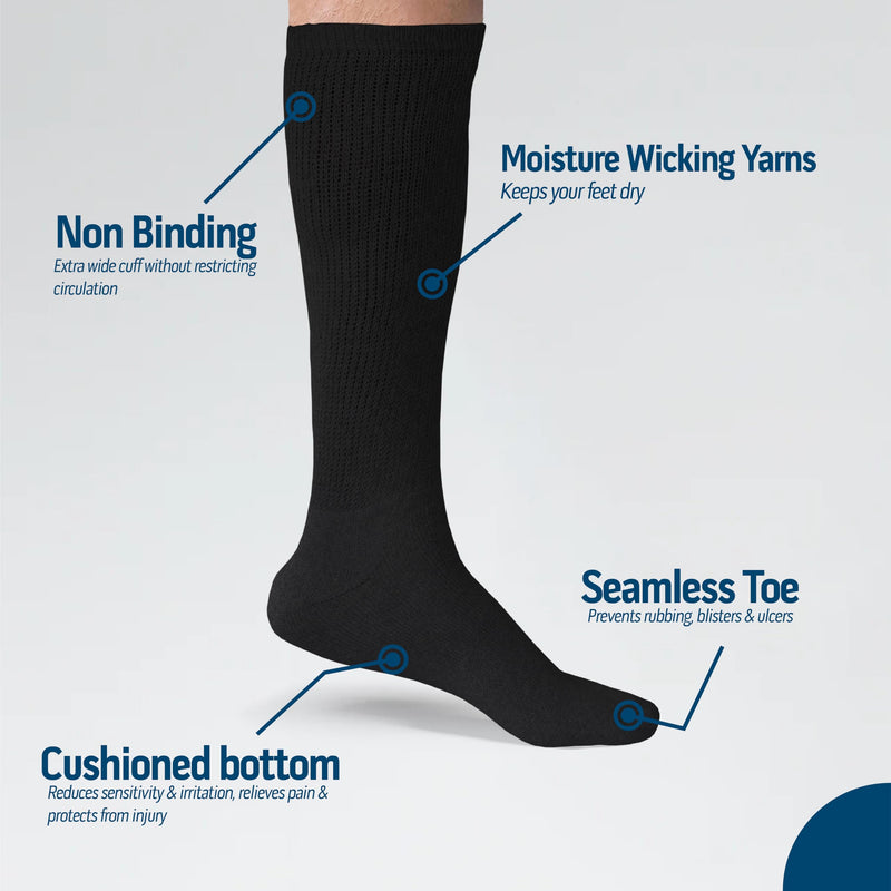 6 Pairs Diabetic Socks Over The Calf - Knee High Premium Cotton Socks Men's Size 10-13 Big & Tall Size 13-16 6 Pairs Black