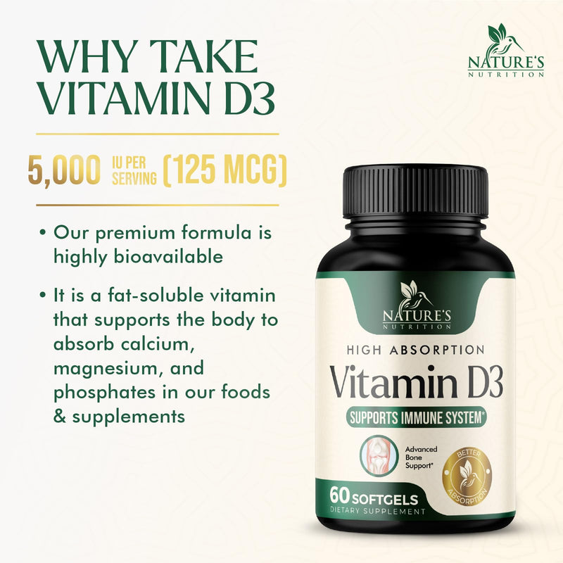Vitamin D3 5000 IU 125 mcg Per Serving - Extra Strength Vitamin D for Bone Health, Teeth, Muscle & Immune Support - High Absorption D3 Supplement - Non-GMO Gluten Free - USA Bottled - 60 Softgels 60 Count (Pack of 1)