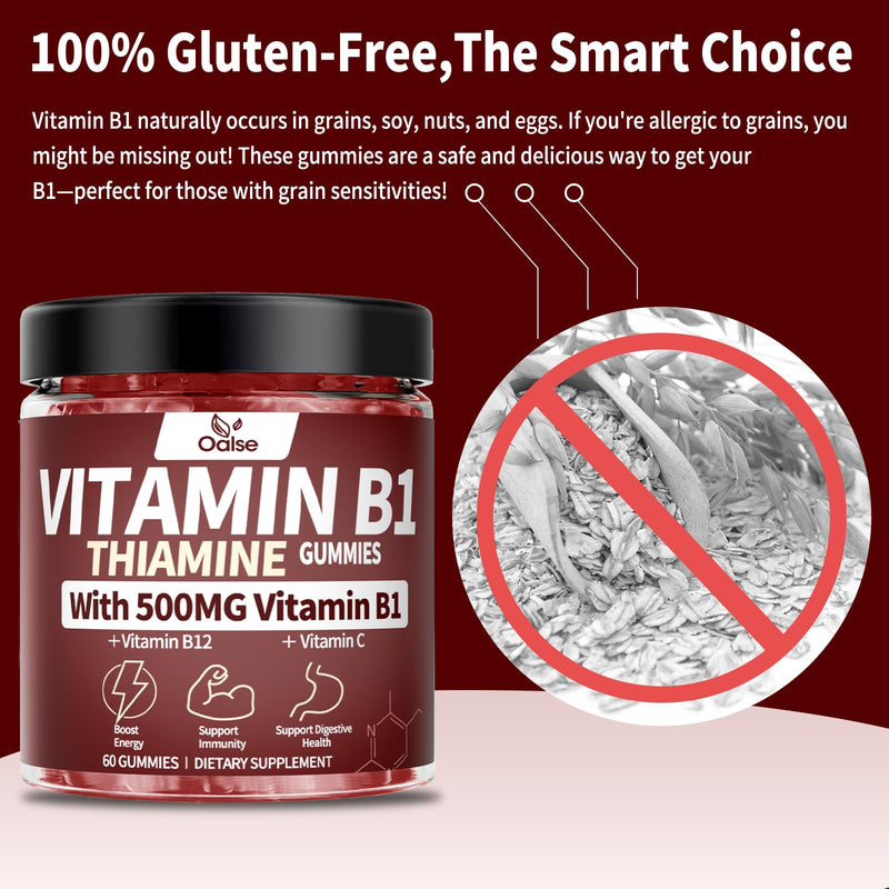2 Pack Vitamin B1 Gummies, 500mg Vegan Sugar Free Thiamine B1 Supplement | Thiamine Gummies with B12 for Adults & Kids, Mixed Berries Flavor,120 Counts Focus Supplement 120 Count (Pack of 1)