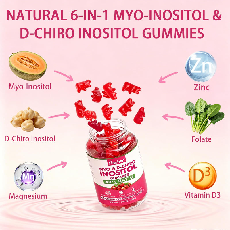 Haohan 2 Pack Myo-Inositol & D-Chiro Inositol Gummies for Female Health, with Vitamin D3, Magnesium Glycinate, Folate & Zinc, Sugar Free, Strawberry Flavor – 120 Gummies