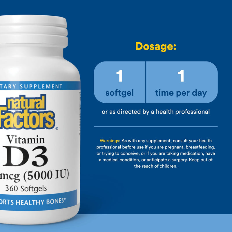Natural Factors, Vitamin D3 5000 IU (125 mcg), Supports Strong Bones, Muscles and Immune Function, 360 Softgels 360 Count (Pack of 1)
