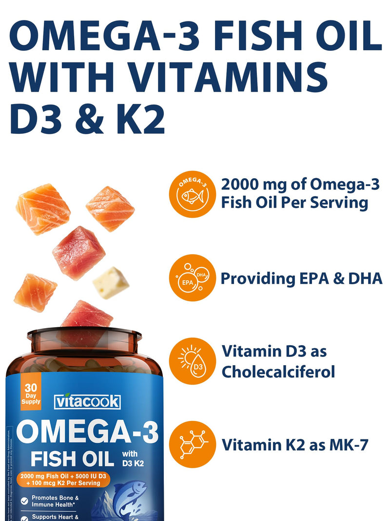 Omega 3 Fish Oil 2000mg, with Vitamins D3 & K2 (MK-7), Omega 3 Fatty Acid Supplements 1100mg, EPA, DHA, from Fresh, Wild-Caught Fish, Bone, Heart, Brain & Immune Health Support, 60 Softgels | Omega 3 Fatty Acid Supplements 1100mg, EPA, DHA, from Fresh,...