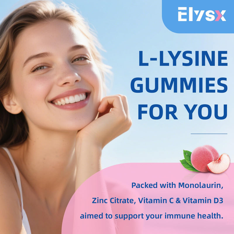 L-Lysine Gummies 1000mg, Sugar-Free Chewable Lysine with Monolaurin Supplement for Adults & Kids, Lips & Oral Health, Immune & Overall Health, Natural Peach Flavor, 60 Count 1 Count (Pack of 60)