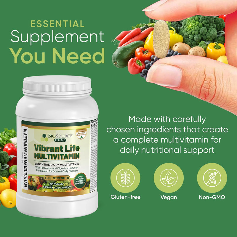 Vibrant Life Multivitamin with Probiotics, 30-Day Supply | Digestive enzymes, B-complex, 45+ fruits and vegetables, non-GMO, gluten-free vitamins and minerals for men and women