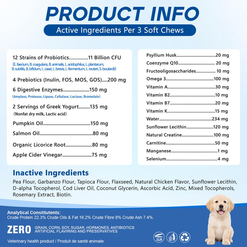 Probiotics for Dogs Dog Probiotic Chews for Yeast Gut Digestive & Immune Health, Itch Relief Ears Skin & Coat with 11Billion CFU Probiotics, 6 Enzymes& 4 Prebiotics, Pumpkin, Omegas & Vitamins,110ct 110 Count