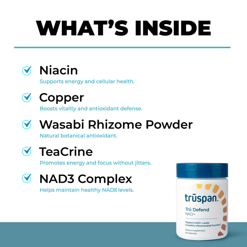 TruSpan NAD+ Supplement, Niacinamide 500mg Capsules for Men & Women, 80ct | Supports cellular energy, metabolism and healthy aging, with vitamins C D3 K2 and sea moss, clean formula, 40 day supply