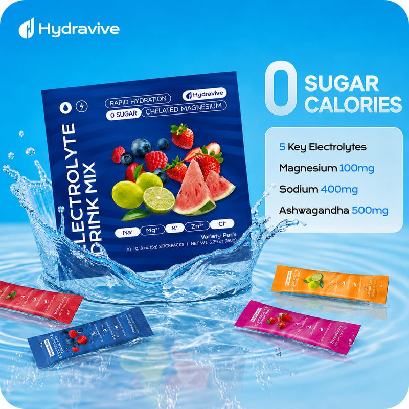 Daily Hydration Electrolyte Powder Sugar Free -Variety 30 Packs for Sport | Liquid Daily IV Drink Mix | 1,000mg Total of 5 Electrolytes | 5 Vitamins | Ashwagandha, L-Theanine | Non-GMO | 0 Calorie Variety
