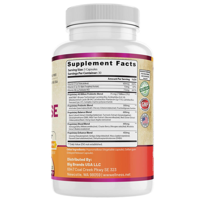 Complete Menopause Support with Probiotics & Prebiotics | Female Hormone Balance Support for Hot Flash Relief, Sleep & Mood | Dairy Free & Non-GMO | 90 Capsules | USA Made.