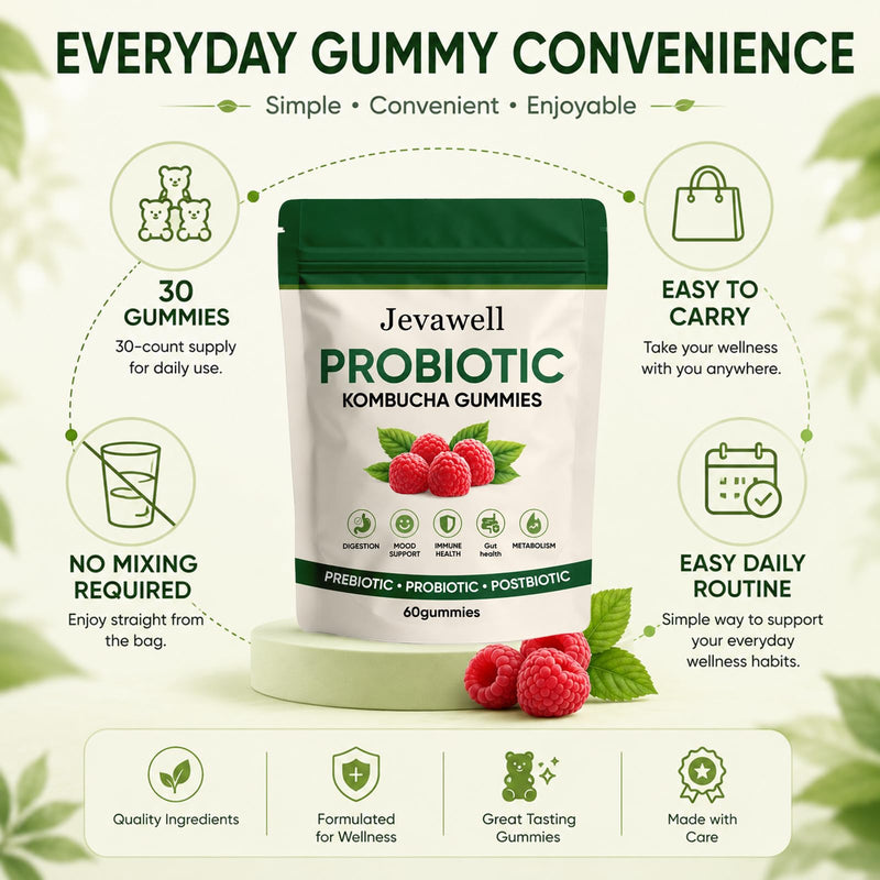 Jevawell Kombucha Gummies with Prebiotics & Fiber, Infuse Probiotic Kombucha Gummies for Women with Slippery Elm, Dandelion Root & MCT Oil, Daily Digestive Wellness Supplement, 60 Gummies 1