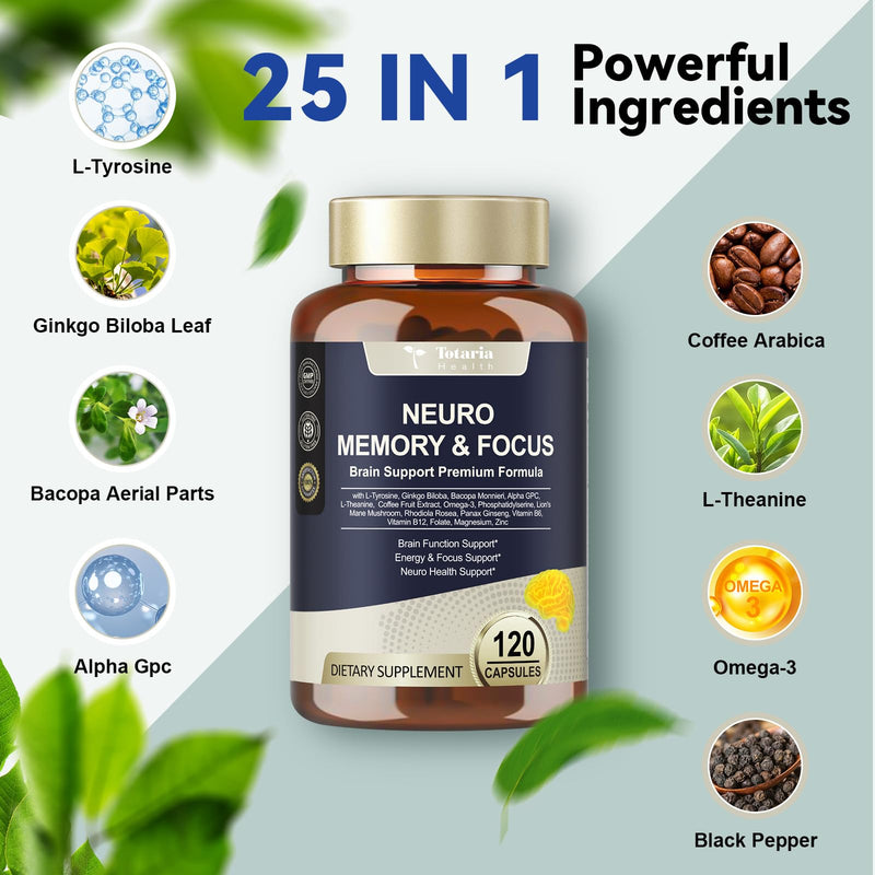 C-affeine Pills Brain Supplements for Memory and Focus L-Tyrosine, Alpha GPC, Ginkgo Biloba, Bacopa Monnieri, Brain Nootropic Cognitive Support - Non-GMO, Gluten Free (120 Counts) 120 Count (Pack of 1)
