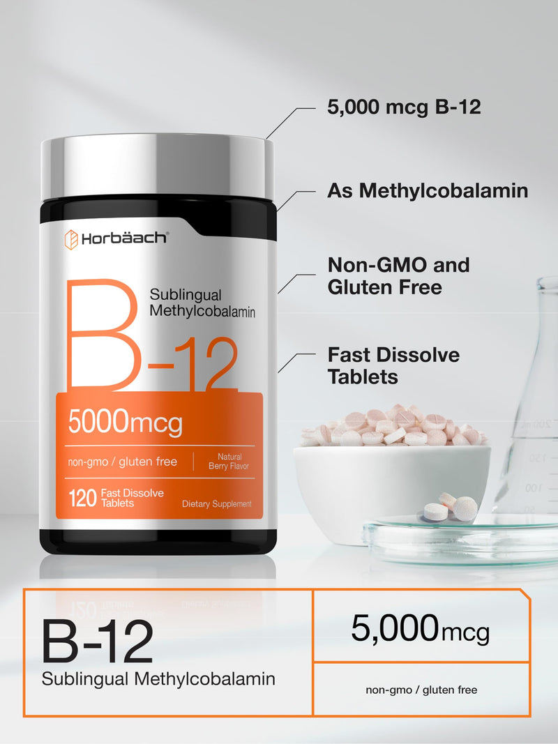 Horbäach B12 Vitamin 5000 mcg | 120 Fast Dissolve Tablets | Sublingual Methylcobalamin | Natural Berry Flavor | Vegan, Non-GMO & Gluten Free Supplement 120 Count (Pack of 1)